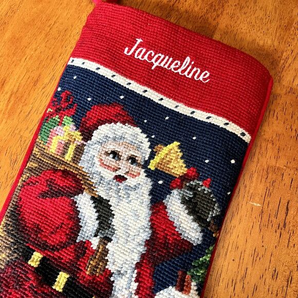 VTG Christmas Stocking Wool Needlepoint Rooftop Santa Jacqueline - Picture 2 of 6